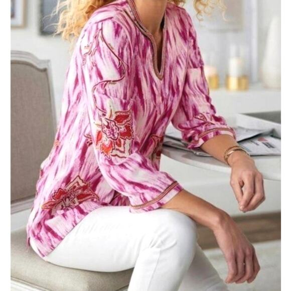 Soft Surroundings Altea Pink Chevron 3/4 Sleeve Embroidered Beaded Tunic | L GUC - Picture 5 of 13